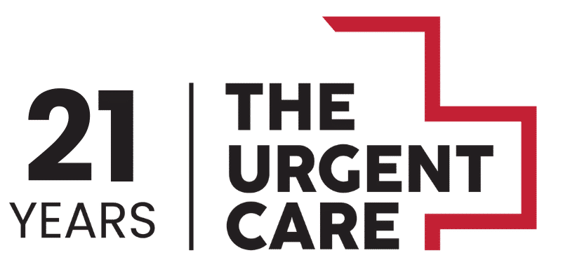 Logo for 21 Years | The Urgent Care, with bold black text and a red geometric outline bracket