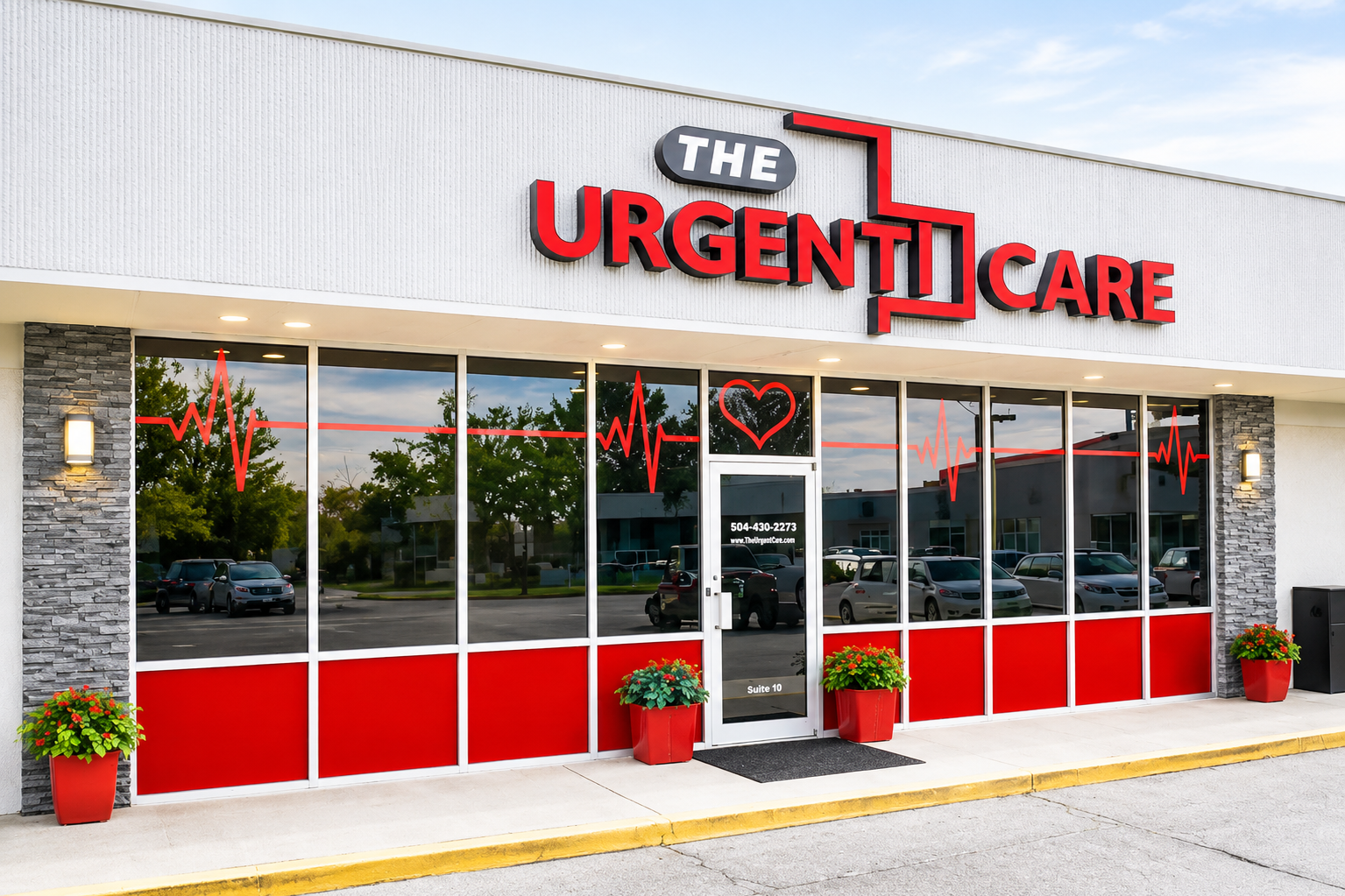 Exterior of The Urgent Care clinic with bold red sign, glass storefront, ECG heart-rate graphics, and red planters outside.