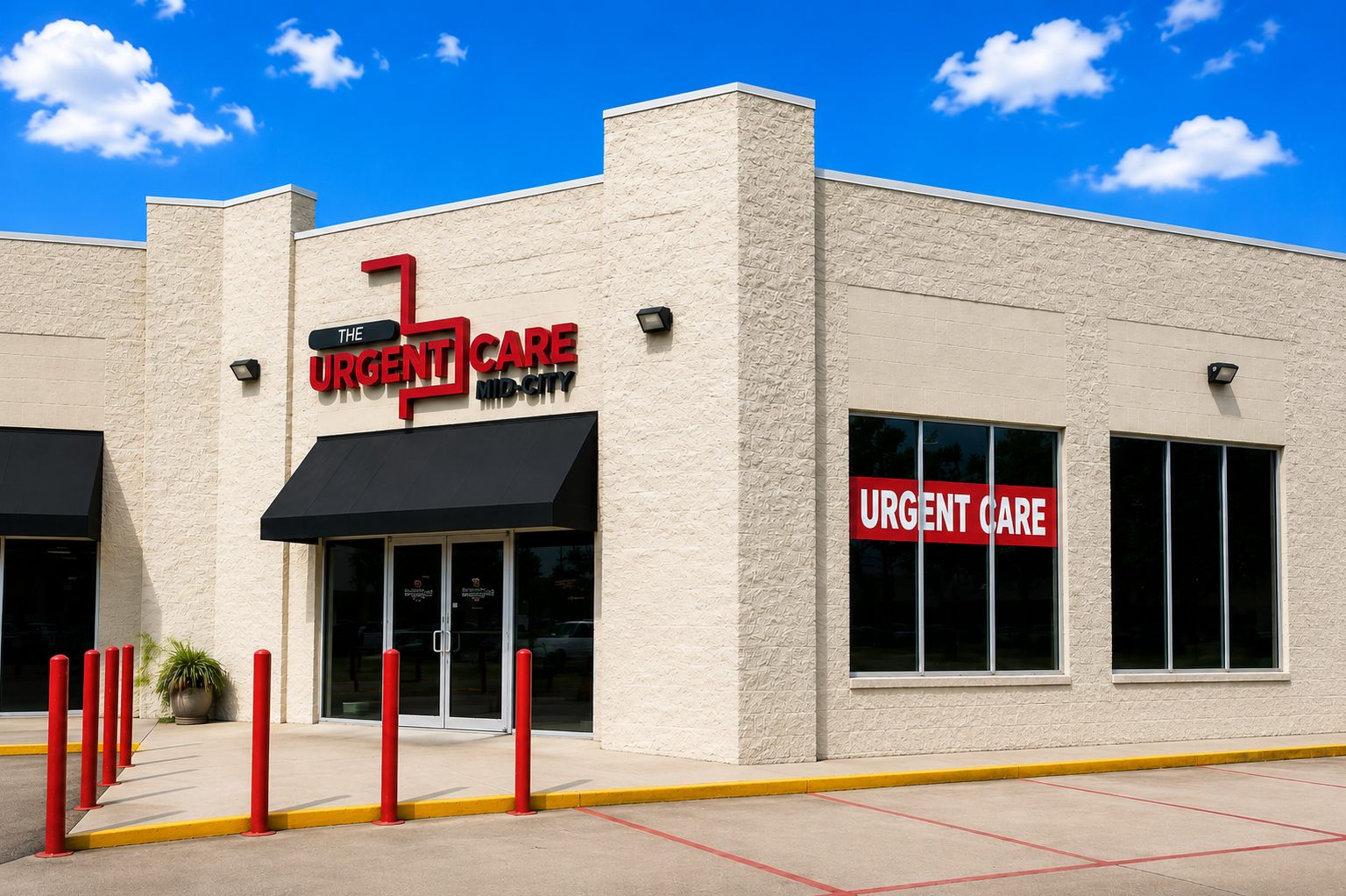 Exterior view of The Urgent Care Mid-City clinic with red and black storefront signage, glass doors, and a black awning under a bright blue sky.