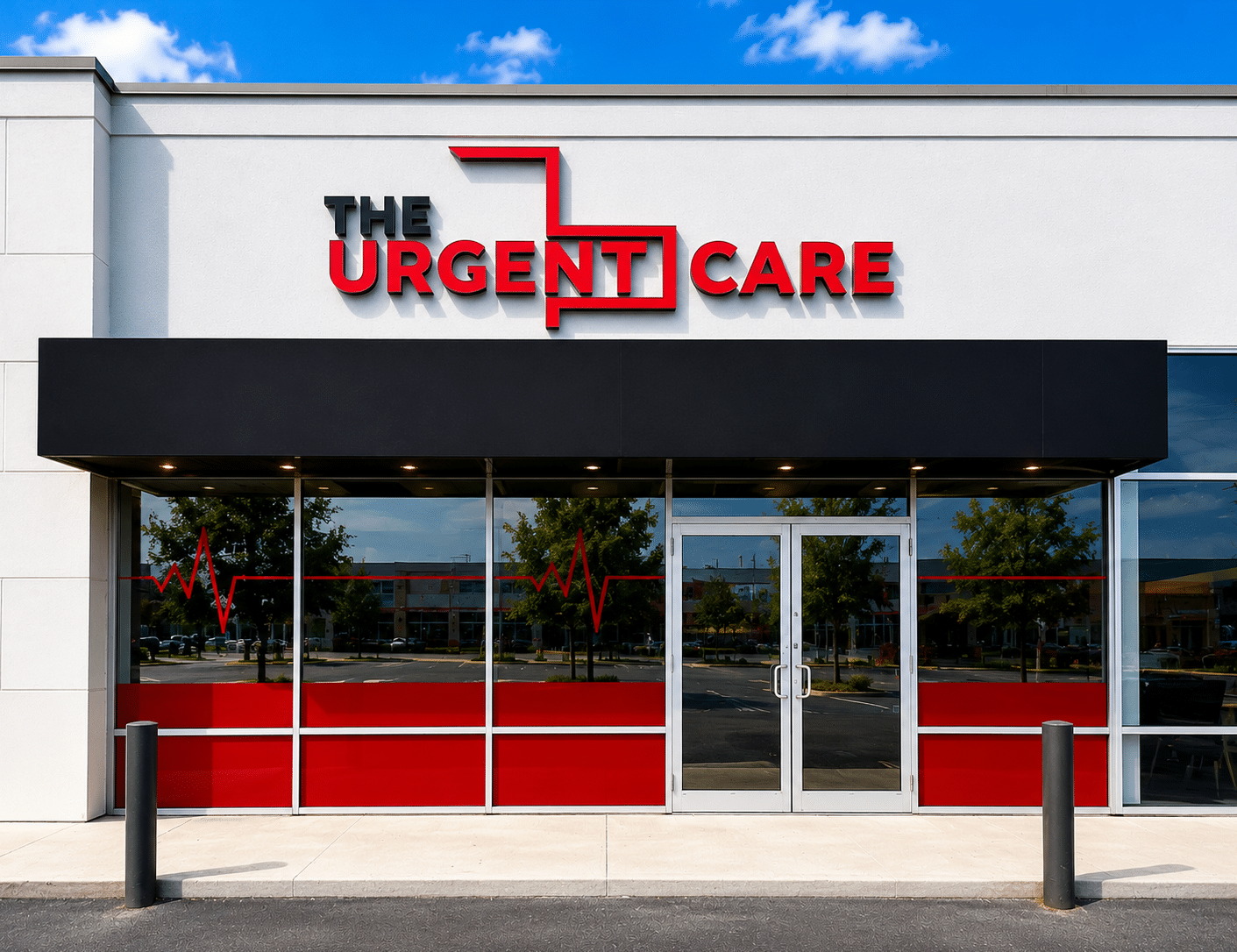 Facade of an urgent care clinic with a bold red sign reading THE URGENT CARE, black awning, and glass doors beneath red-accented windows with a heartbeat graphic.