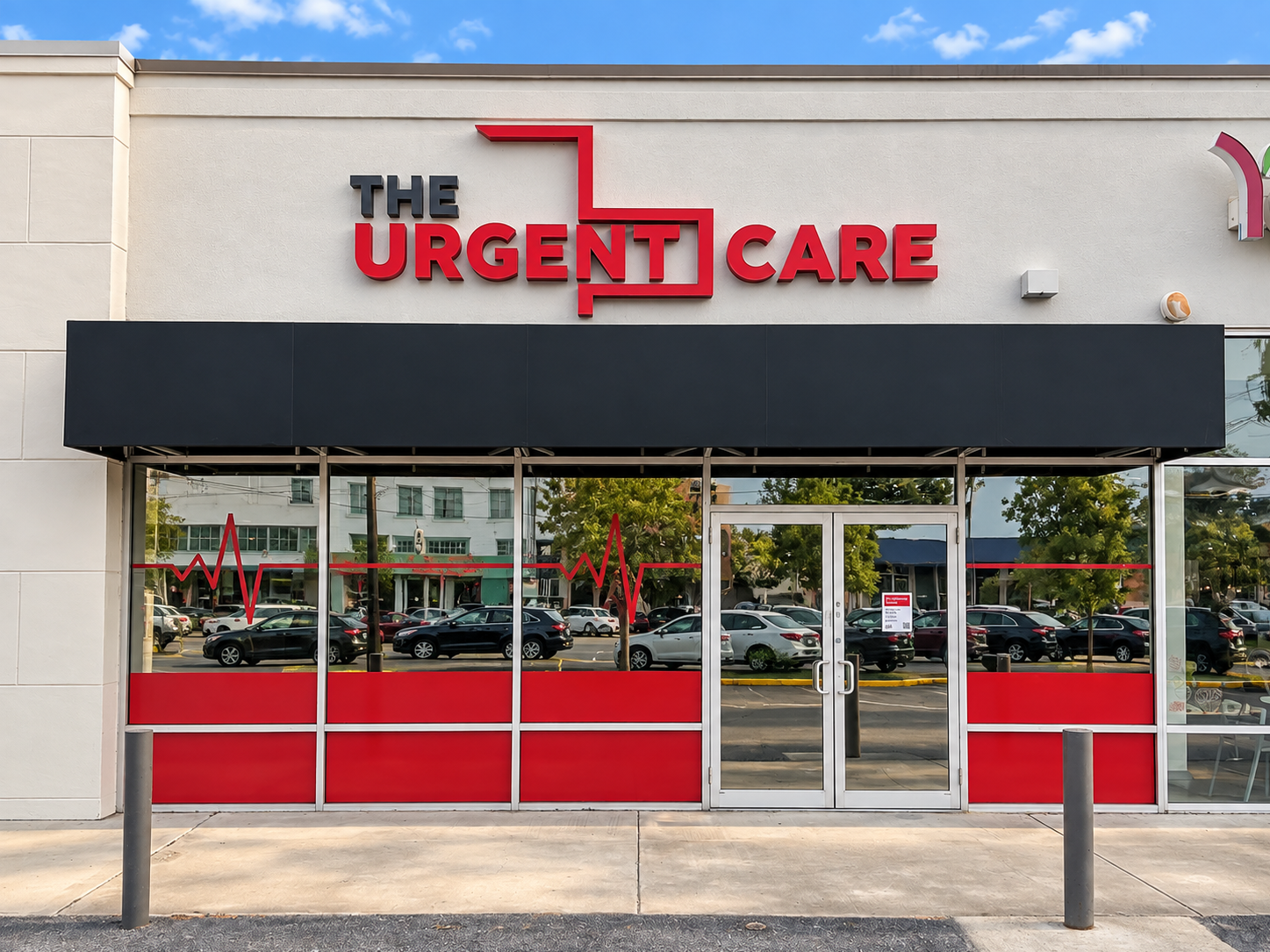 Front of an urgent care clinic with a bold red 'THE URGENT CARE' sign above glass doors and red window panels.