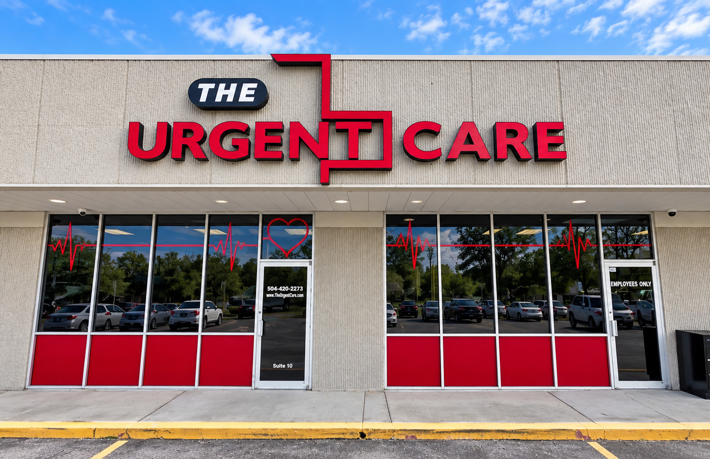 Front of an urgent care clinic with bold red THE URGENT CARE sign and heart-rate graphics on windows (storefront with blue sky) — informative image for location and purpose