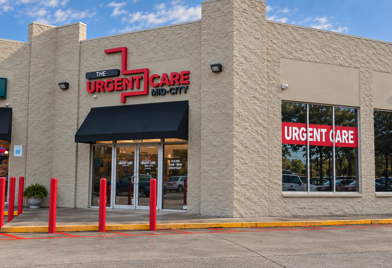 Exterior of an urgent care clinic with a bold red 'Urgent Care' sign, black awnings, glass doors, and red bollards in a beige storefront.